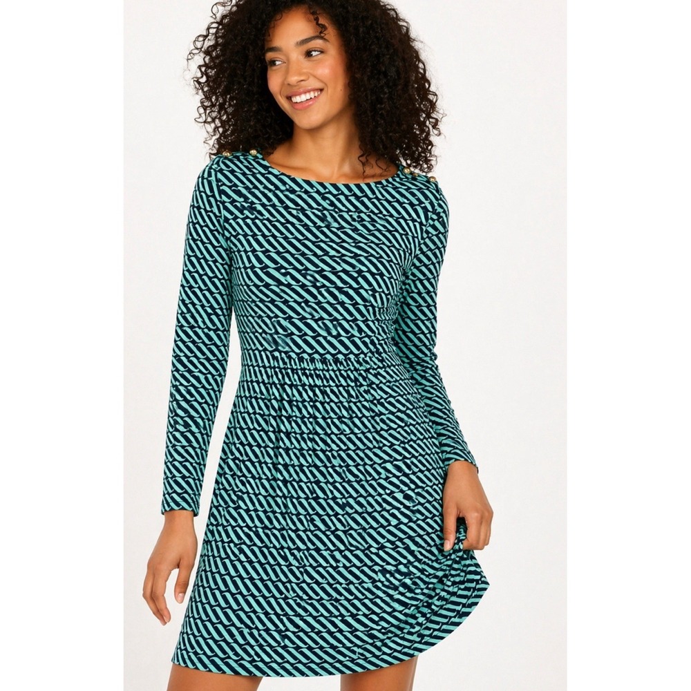 Vineyard Vines Medium‎ Dress Long Sleeve Real Blue Geometric Nautical Career